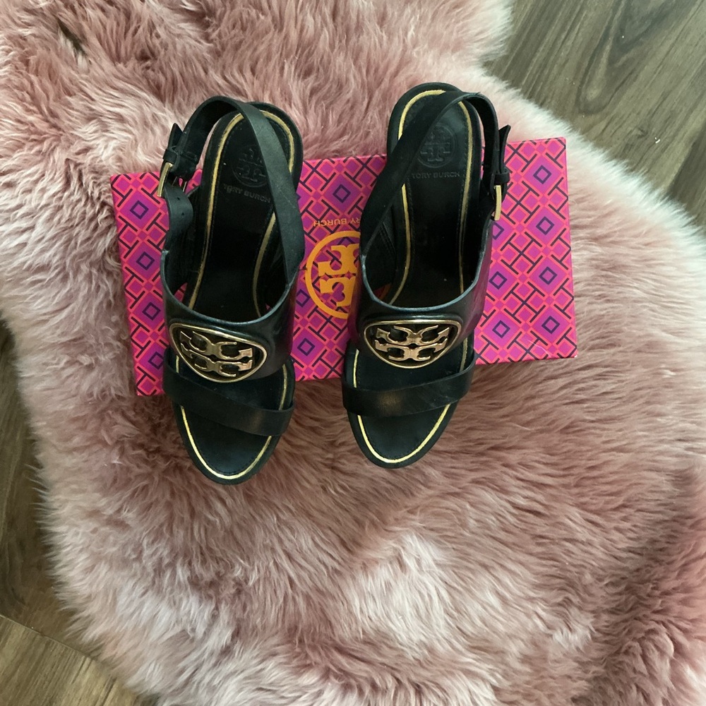 Tory Burch Miller Wedge Sandals AS IS 8 8.5 Good Condition Black Leather